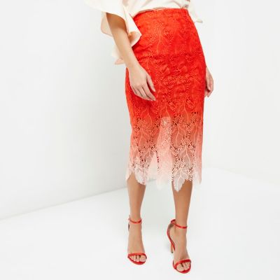 Red ombre lace midi pencil skirt